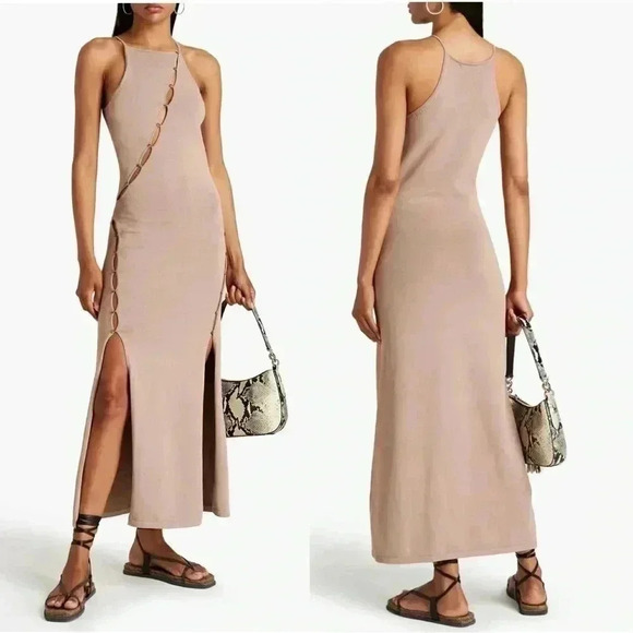 NICHOLAS Samara Cutout Midi Dress XS Stretch Knit Buttoned Split Hem Bodycon 0 2 - Picture 1 of 9